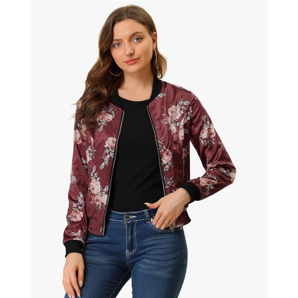 NEW Satin Bomber Jacket Long Sleeve Zipper Floral Pockets S